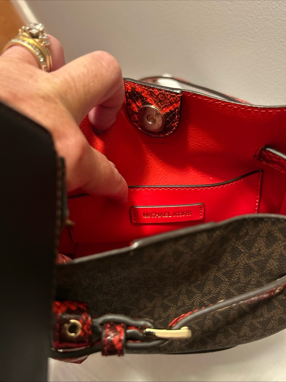 Michael Kors Emilia Small Bucket Bag Brown and Red Snake-Trim w/Belt Style Strap - Picture 9 of 9